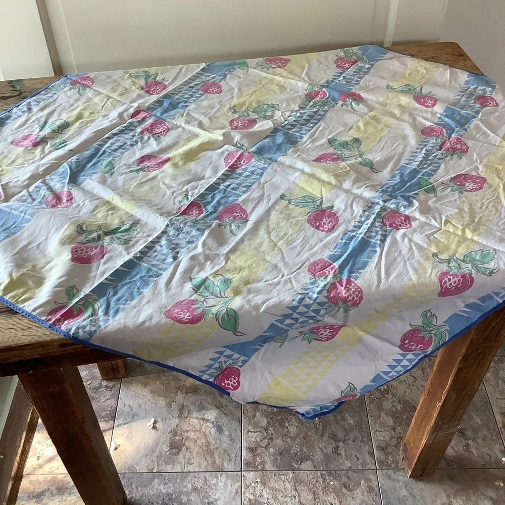 Vintage Strawberry Blue White Butter Yellow Small Tablecloth Table Linens